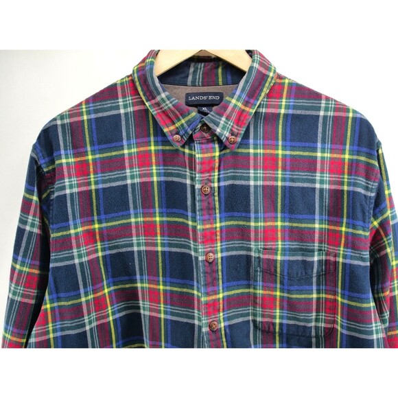 Flannel Shirt Plaid Button Cotton Lands End Size XL 17-17.5 Red Blue Tailored - Picture 2 of 7
